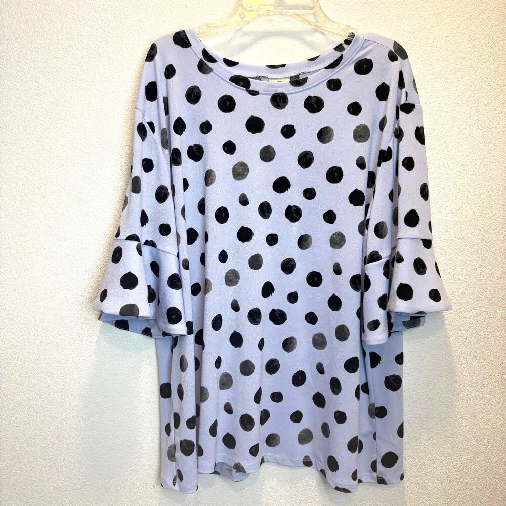 Worthington Womens XXL Polka Dot Bell Sleeve Top Light Purple & Black Work‎